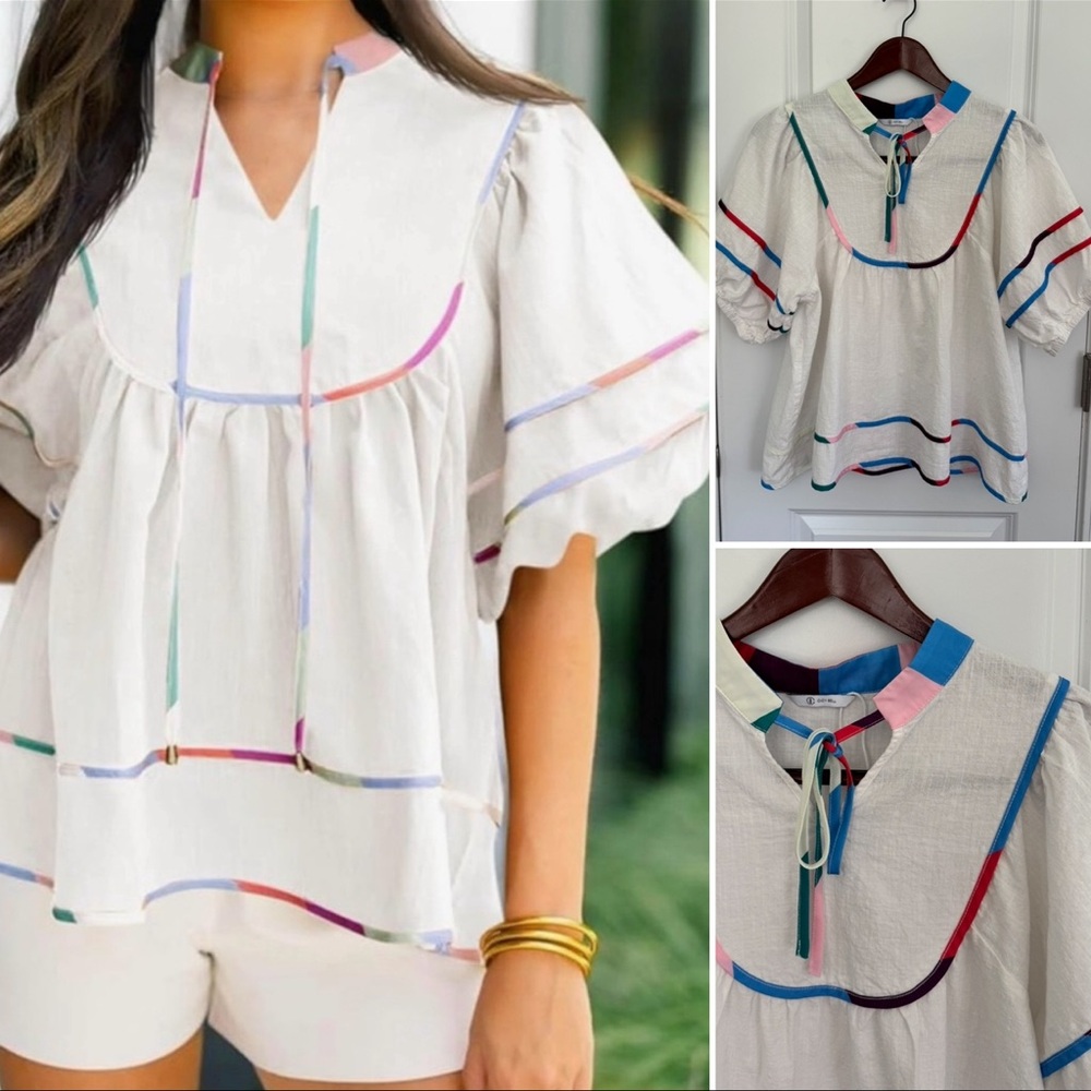 Cicy Bell Rainbow Trim Peasant Top